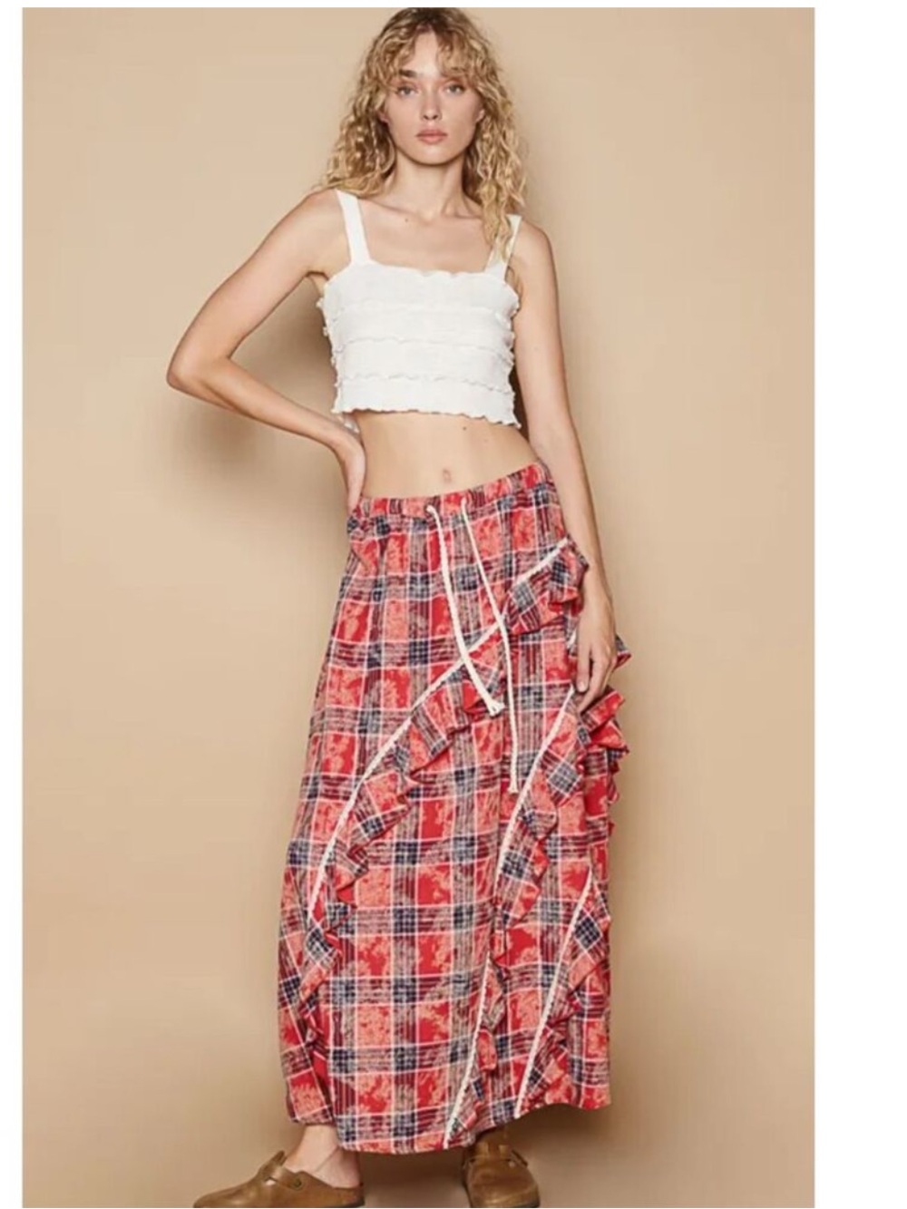 POL Plaid Ruffle Maxi Skirt Sz Med Boho Cottagecore Prairie Festival 100% Cotton